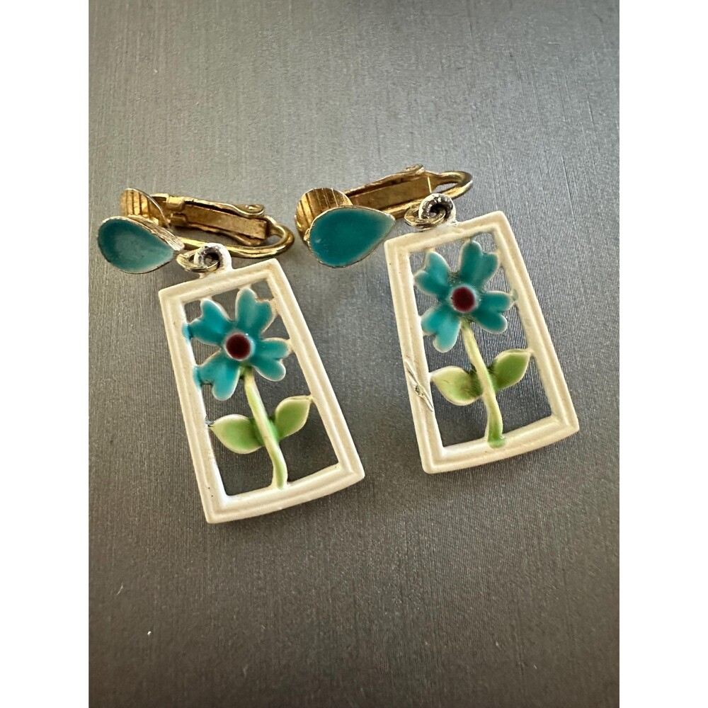 MCM Enamel Flower Window Pane Clip On Earrings